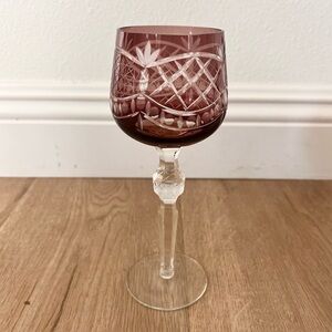 Dark Red Cut to Clear Crystal Flowers Pattern Wine‎ Glass 8.25”